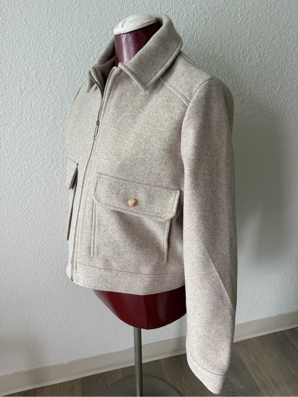 Zara Beige Wool Zip Jacket - Casual Crop Coat size Large - Picture 10 of 12
